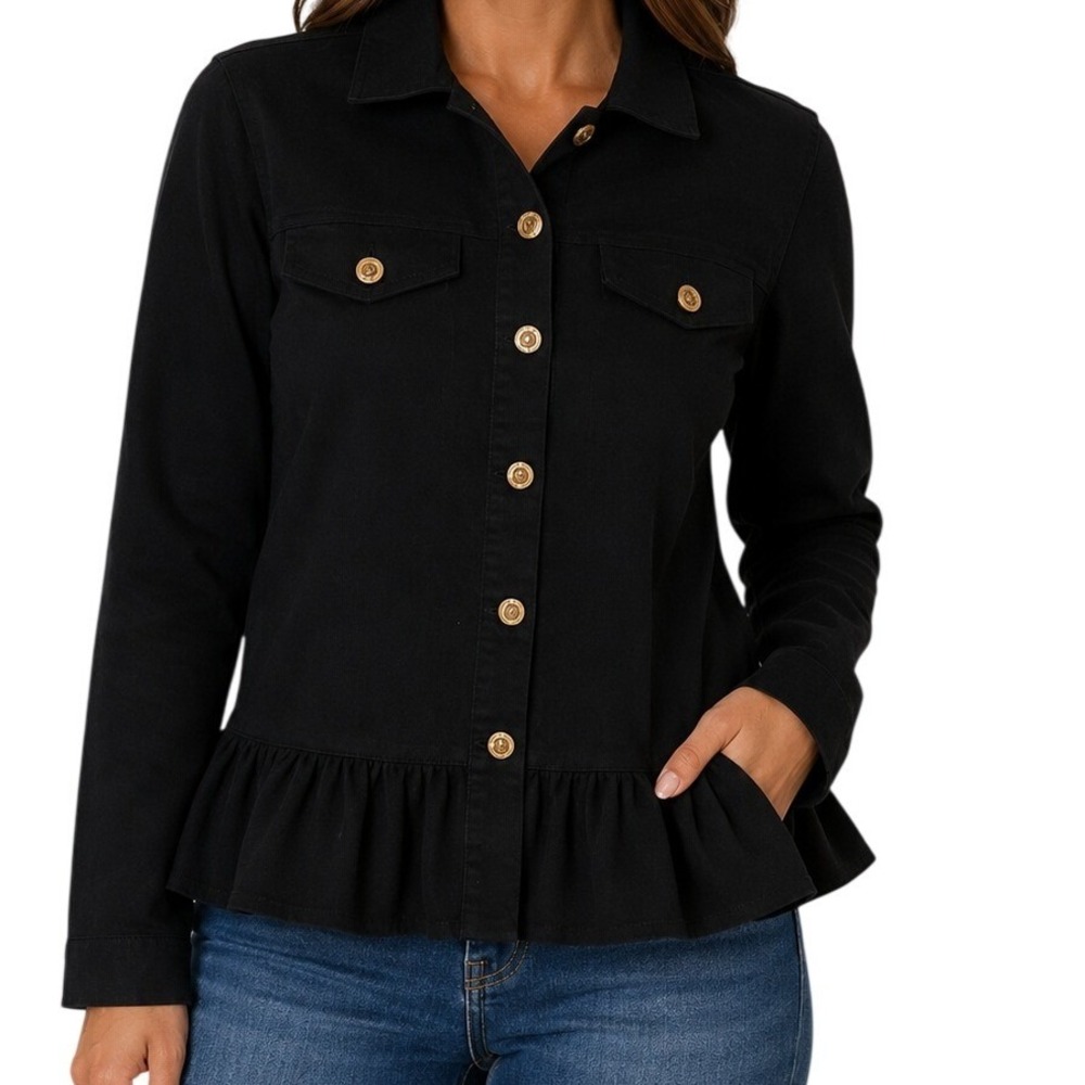 Simply Noelle Black Lace Back Peplum Hem Long Sleeve Button Up Womens L/XL